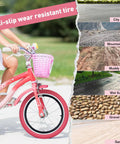 Pink 20x2.125 Bike Tire With Tube Pack Of 2 on kid's bike, anti-slip features, surfaces listed: city road, mountain road, muddy, wet, gravel, sand.