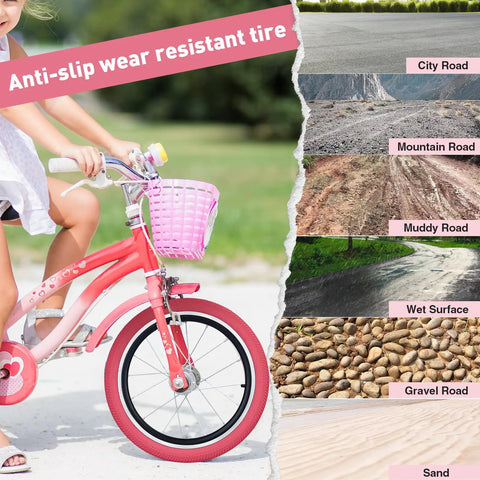 Pink 20x2.125 Bike Tire With Tube Pack Of 2 on kid's bike, anti-slip features, surfaces listed: city road, mountain road, muddy, wet, gravel, sand.
