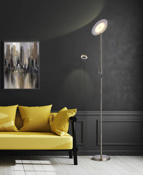 70 Inch Modern Slim LED Torchiere Floor Lamp With Reading Light And Remote In Antique Brass Finish next to yellow sofa in living room