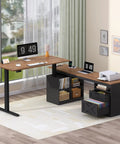 Hella Spacious Corner L Shaped Electric Standing Desk 66 Inch Height Adjustable Computer Workstation in black brown finish with storage.