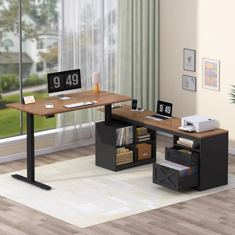 Hella Spacious Corner L Shaped Electric Standing Desk 66 Inch Height Adjustable Computer Workstation in black brown finish with storage.