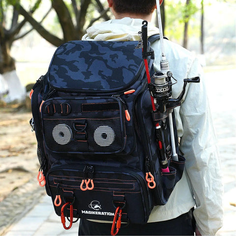 Fishing Backpack With Rod Holders And 42L Capacity, 900D Water-Resistant Oxford Tackle Bag For Men, black camo design