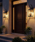 2 Light Outdoor Wall Lantern With Clear Beveled Glass, Traditional Farmhouse Style, Textured Black Finish, illuminated by door