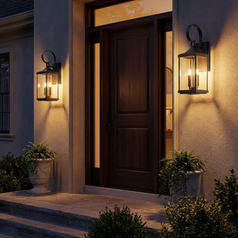 2 Light Outdoor Wall Lantern With Clear Beveled Glass, Traditional Farmhouse Style, Textured Black Finish, illuminated by door