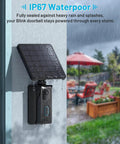 13200mAh Solar Charging Base Station for Blink Doorbell 2nd Gen mounted outdoors in rain, IP67 waterproof panel visible.