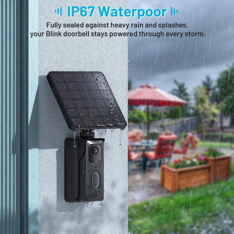 13200mAh Solar Charging Base Station for Blink Doorbell 2nd Gen mounted outdoors in rain, IP67 waterproof panel visible.