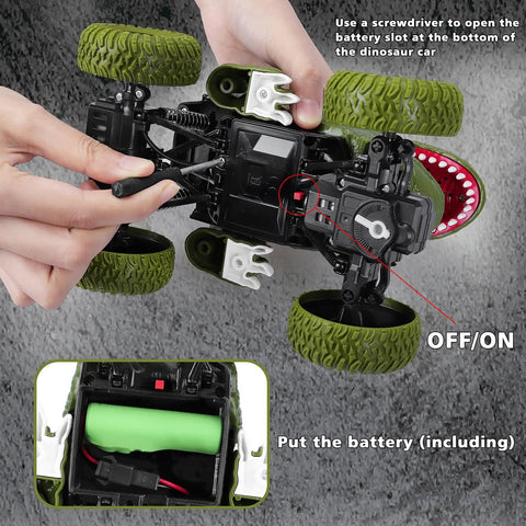Hands inserting battery into Awesome All Terrain Dinosaur RC Car For Kids With 2.4Ghz Remote Control Light Up 4WD Monster Truck