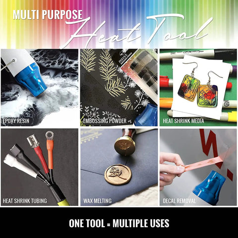 Cool Crafting Tool Heat Gun For Embossing And Shrink Wrap Includes Four Embossing Powders And Anti Static Pad Great For Arts And Crafts Candles Wax Paper And Card Making Projects with various craft uses like epoxy resin, embossing powder, heat shrink media, heat shrink tubing, wax melting, and decal removal