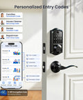 Slick Fingerprint Smart Lock With Premium Matte Black Double Lever Handle Set showing personalized entry codes on smartphone.