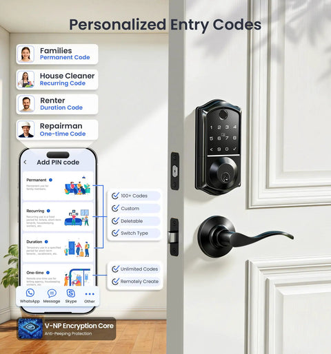 Slick Fingerprint Smart Lock With Premium Matte Black Double Lever Handle Set showing personalized entry codes on smartphone.