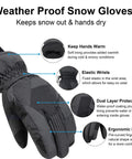 Kids Windproof Waterproof Ski Gloves Black Size M 7 To 9 Years with reinforced palm, adjustable wrist, snow guard drawcord