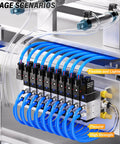 Blue Half Inch OD Polyurethane Air Tubing Kit 32.8 Ft 10 Meter 27 Pc Push To Connect Fittings in use with pneumatic valves