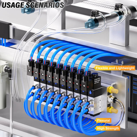 Blue One Quarter Inch PU Air Hose 10 Meter Length Built Tough Oil Resistant for Air Line Tubing shown in pneumatic system setup.