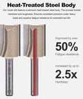 Pro Level Four Piece Straight Router Bit Set With One Quarter Inch Shanks, heat-treated steel bodies for improved durability.