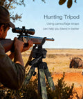 Hunter using 74 Inch Adjustable Rifle Tripod Stand with V Yoke Gun Rest, beefy aluminum shooting tripod and camo straps in field use