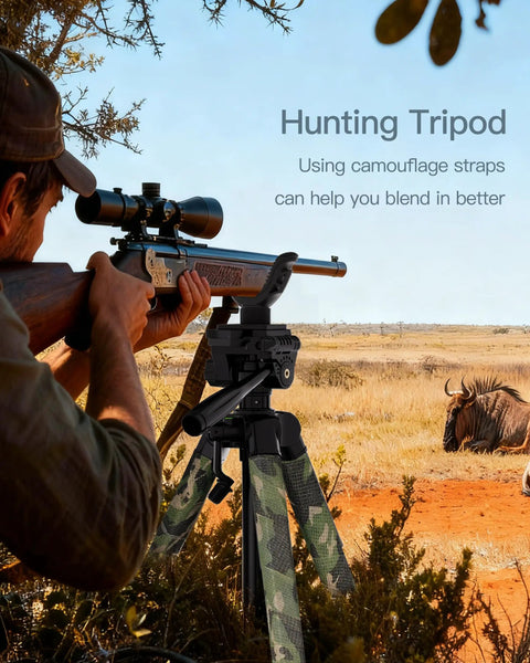 Hunter using 74 Inch Adjustable Rifle Tripod Stand with V Yoke Gun Rest, beefy aluminum shooting tripod and camo straps in field use