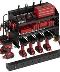 Power Tool Organizer Wall Mount With Charging Station And 8 Outlet Heavy Duty Metal Garage Storage Rack 23 Inch Three Tier Shelves For Workshop And Garage Organization