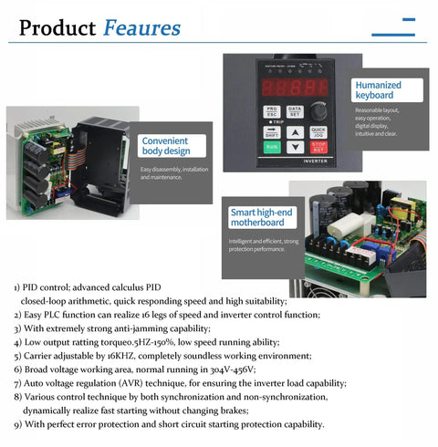 Workhorse 2.2KW 110V Variable Frequency Drive VFD Inverter with features like smart motherboard and humanized keyboard display.