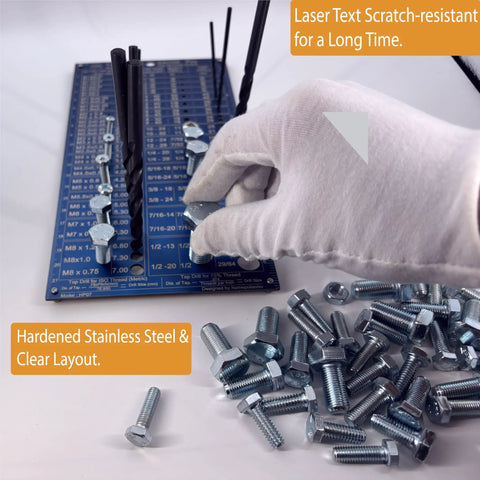 Stainless Steel Tap And Drill Gauge For Imperial And Metric With Full Drill Bit Size Guide, bolts shown on PVD plated surface.