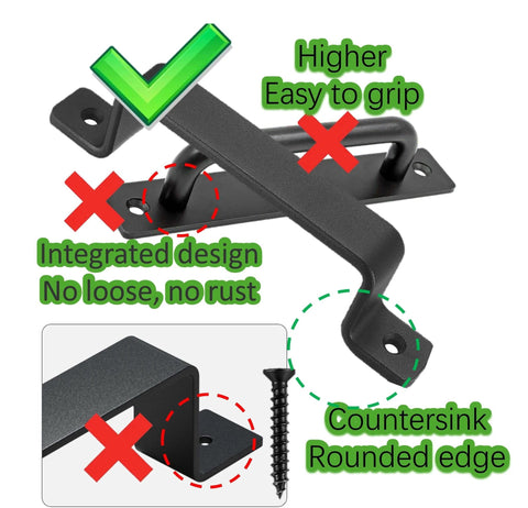 Heavy Duty Black Barn Door Handles 7.4 Inch Rustic Metal Pulls Two Pack For Sliding Doors Ideal For Garage Shed Gate Closet Drawer Indoor Outdoor Use Today, featuring a sturdy integrated design with rounded edges and countersink for easy gripping.