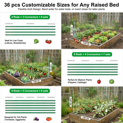 Garden Hoops For Raised Beds A 36 Piece Fiberglass Greenhouse Hoop Kit With Adjustable Frames For Row Covers And Bird Netting Rust Proof DIY Outdoor Plant Stakes Built Tough For Easy Setup In Any Garden