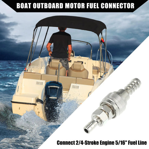 Five Sixteenth Inch Plug And Play Boat Fuel Connector Set With Male And Female Sockets And Locking Nut For Tohatsu And Nissan Two Four Stroke Outboard Engines Five Through Ninety HP Marine Fuel Tank Fittings Stainless Steel One Set displayed with boat