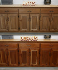 Before and after comparison of wooden cabinets using the Orange Oil Wood Polish And Cleaner For Furniture And Teak 2 Step Wood Care Kit.