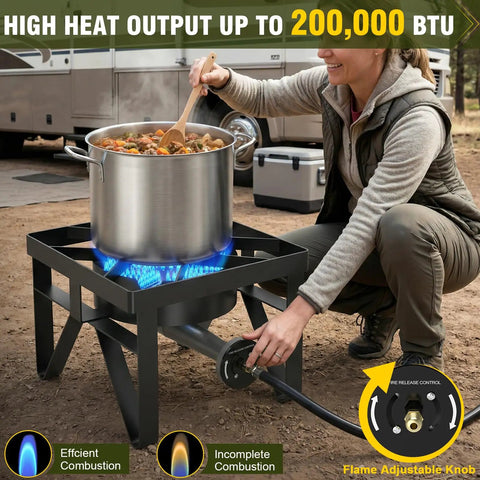 200000 BTU Heavy Duty Propane Burner Boss Level Heat Outdoor Stove with pot cooking, adjustable regulator, and hose in use