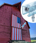 Two Pack Track Roller Wheels For Beam Trolley System on barn door with USA flag, heavy duty steel bearings, close-up inset showing wheels.