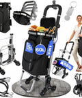 Foldable Grocery Cart On Wheels With Waterproof 88 Lb Capacity, showing compartments and six-wheel design, woman carrying