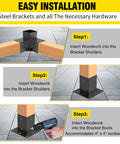 Installation steps for Heavy Duty Steel 3-Way Pergola Brackets Kit for 3.5x3.5 Inch Lumber with black powder coat hardware