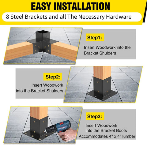 Installation steps for Heavy Duty Steel 3-Way Pergola Brackets Kit for 3.5x3.5 Inch Lumber with black powder coat hardware