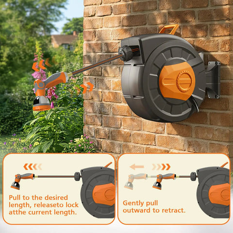 Retractable Garden Hose Reel With 100 Foot Hose, Heavy Duty Half Inch Burst Pressure 435 PSI, Wall Mounted Water Reel