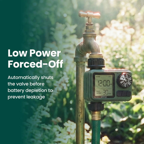 Programmable Garden Hose Sprinkler Timer With One Or Two Outlet Controller Self Cleaning Valve IPX5 attached to outdoor faucet