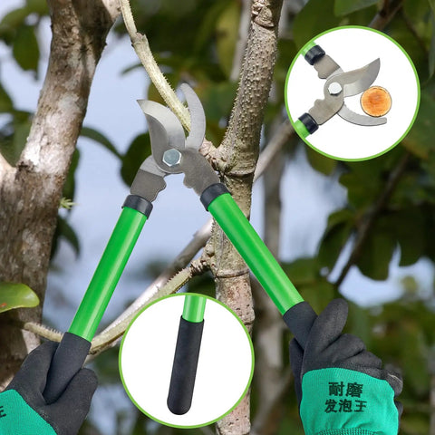 Workhorse Garden Pruning Shears With SK5 Steel Blades and Ergonomic Non Slip Handle cutting tree branches close-up
