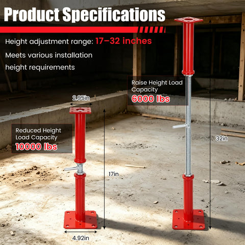 Badass Heavy Duty Adjustable House Floor Jacks With 10000 Lbs Unshakeable Hold Rock Solid Screw Support Posts height adjustment specs 17-32 in