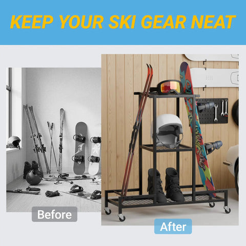 Floor Standing Ski And Snowboard Rack With 3 Tier Shelf Holds Boots Helmets And Packs Drill Free Mount No Sweat Setup Keeps Your Entire Winter Shred Collection Organized