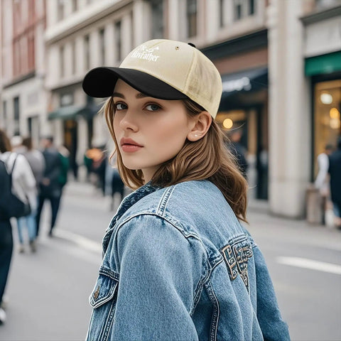 Woman wearing Washed Distressed Trucker Cap For Men And Women, Dope Street Style, low profile baseball hat, city background
