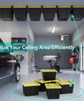 6-Bin Overhead Garage Storage Rack With Heavy-Duty Ceiling Tote Rails and hanging storage bins in a garage