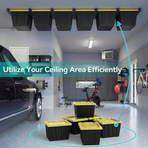 6-Bin Overhead Garage Storage Rack With Heavy-Duty Ceiling Tote Rails and hanging storage bins in a garage