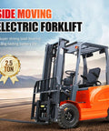 Heavy Duty Electric Forklift With 2.5 Ton Lift Capacity, Industrial Pallet Stacker For Warehouse Logistics And Factory Use Includes Lead Acid Battery Powered High-Bay Rack Access Equipment In Bright Orange, side view.