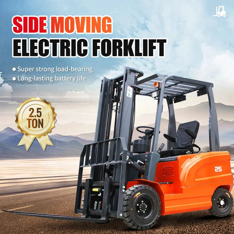 Heavy Duty Electric Forklift With 2.5 Ton Lift Capacity, Industrial Pallet Stacker For Warehouse Logistics And Factory Use Includes Lead Acid Battery Powered High-Bay Rack Access Equipment In Bright Orange, side view.