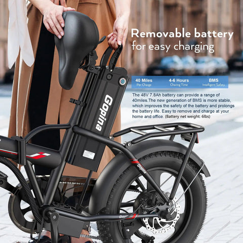 Peak 500W Step Through Fat Tire Electric Bike With 48V Removable Battery For Easy Recharges And Long Rides Up To 40 Miles 7 Speed LCD Display Sixteen Inch By Three Inch Fat Tire For City Cruisin And Trail Ridin, removable battery shown