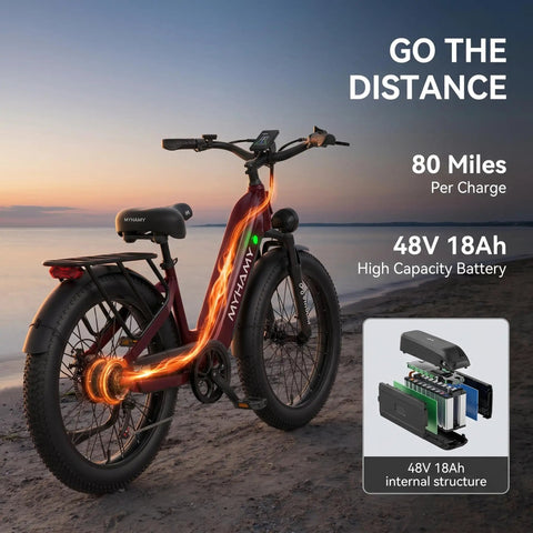 Fat Tire Electric Bike With 24In Wheels, 2000W Peak Motor, 48V 18.5Ah Removable Battery, 40 To 80 Mile Range on beach at sunset