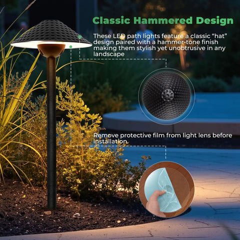 Low Voltage Outdoor LED Path Lights 12V 4W 2700K With Replaceable G4 Bulbs 12 Pack Aluminum Vintage Hammered Finish in garden