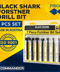 Forged Steel Forstner Drill Bit Set For Woodworking With Precision Wave Design Delivers Clean Cuts In Hardwoods MDF And Plywood Seven Piece Set From Quarter Inch To One Inch In Blister Pack Made In Austria shown in packaging