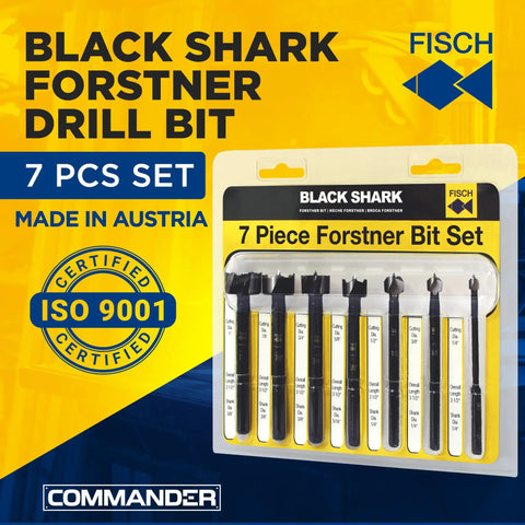 Forged Steel Forstner Drill Bit Set For Woodworking With Precision Wave Design Delivers Clean Cuts In Hardwoods MDF And Plywood Seven Piece Set From Quarter Inch To One Inch In Blister Pack Made In Austria shown in packaging