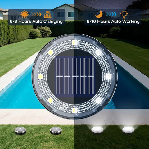 Design of 12 Pack Solar Ground Lights Low Profile Flat Disc LED Pathway Lights Outdoor Waterproof Mower Safe shown by poolside