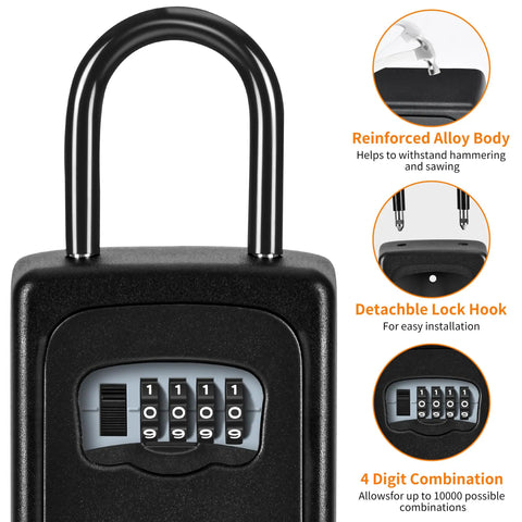 Weatherproof 4 Digit Key Lock Box Wall Mounted With 5 Key Capacity And Resettable Code No Hassle Setup, Clearly Visible Numbers Durable Outdoor Key Safe For House Keys showing reinforced alloy body and detachable lock hook.