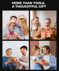 Four-panel collage of people smiling and exchanging wrapped gifts in a cozy living room.